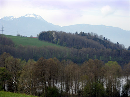 Blick über den Tinninger See auf den Breitenstein.